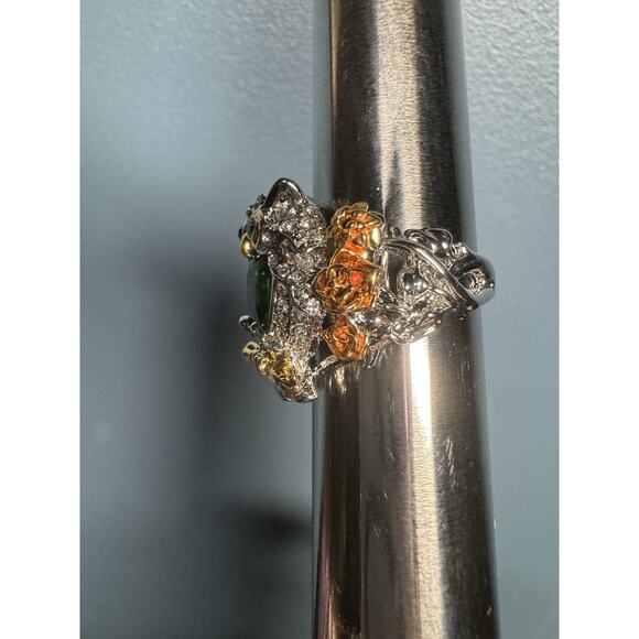 Chunky Owl Ring Size 8.5 Green Stone &‎ Rhinestones Sparkly Two Tone Metal - Picture 2 of 12